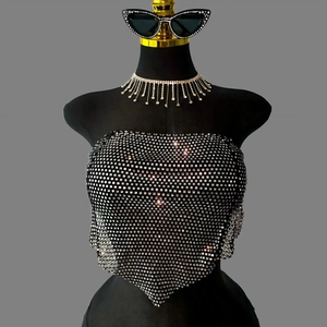 Top Bandeau Sexy en Maille à Paillettes pour Femmes Dos Nu Strass Brillants Crop Top Fête Clubbing À Lacets Bandage
