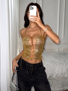 Golden metal mesh halter top with lace-up design for women summer fashion