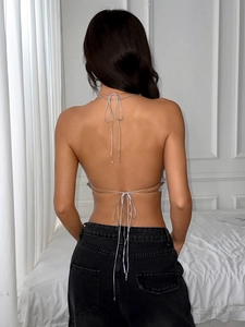 Sexy silver sequin halter neck crop top with backless design and thin metallic straps