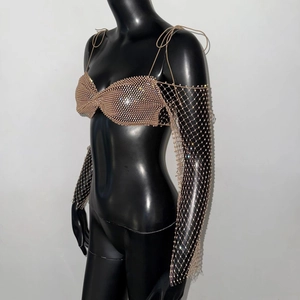 Détail du haut en maille strass champagne et manches résille assorties sur un mannequin