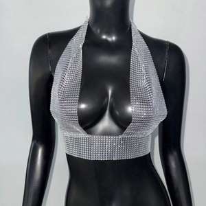 Detailed view of silver sparkling rhinestone mesh halter crop top for party wear
