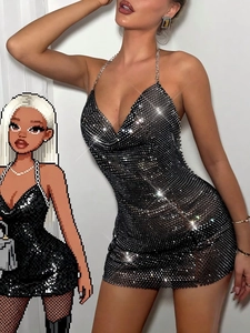Vestito Mini Donna Sexy Halter in Rete con Strass Spalline a Catena Scollo a V Aderente Party Club Night Out Music Festival