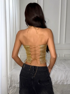 Gold sequin halter crop top with crossover lace-up back detail for clubwear parties