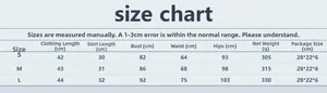Detailed size chart for rhinestone fishnet top and skirt set with S, M, L measurements