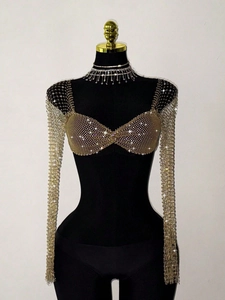 Haut sexy en résille dorée à strass et manches longues pour femmes élégantes