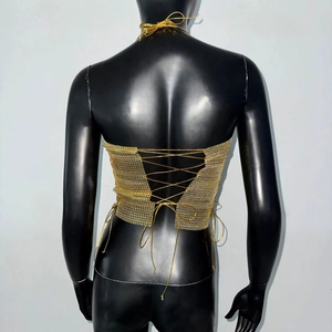 Detailed back view of golden metallic mesh crop top with adjustable lace-up ties