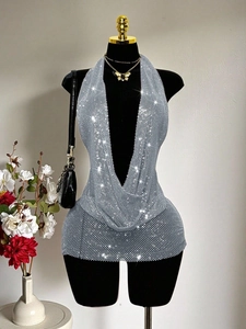 Robe dos nu argentée sexy avec strass brillants pour festivals de musique et soirées
