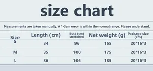 Size chart for fishnet sparkling top with length and bust measurements for S, M, L