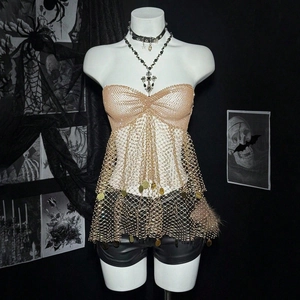 Champagne gold metal mesh tube top with sequins and rhinestone straps for beach parties