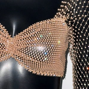 Détail des strass scintillants sur le mesh résille et le tissu beige du bustier