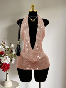 Robe Mini Dos Nu à Licou Sexy en Strass Moulante en Résille Tenue de Fête de Festival de Musique Scintillante pour Femmes