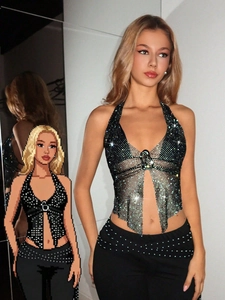 Haut licou sexy en résille noire avec strass brillants pour festivals et soirées