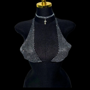 Sexy silver rhinestone halter top with deep V-neck for party and festival wear