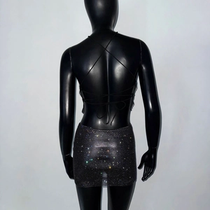 Detailed back view of rhinestone mesh halter top and mini skirt party set for women