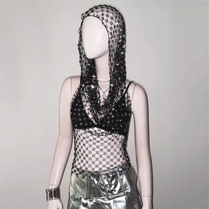 Sexy schwarze Strass-Fischernetz-Kapuzenweste für Party- und Musikfestival-Mode