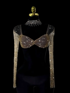 Haut Sexy en Résille avec Strass Manches Longues pour Femmes Or Ajouré Shrug Scintillant pour Fête et Boîte de Nuit