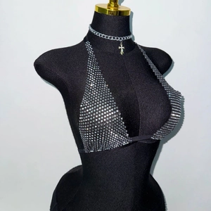 Sexy halter neck fishnet rhinestone top with cross necklace for music festival parties