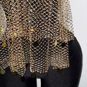 Close-up of golden rhinestone fishnet top with shimmering sequin fringe details