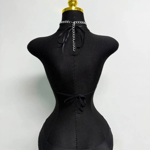Sexy black fishnet halter top with sparkly rhinestones and chain neck tie for parties