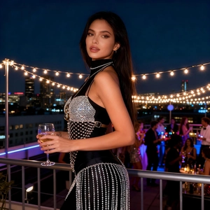 Détails de la robe noire sans manches avec franges en strass et chaînes pour les soirées