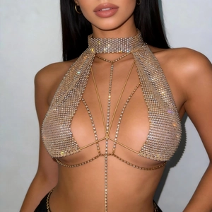 Sexy goldene Neckholder Fischnetz Körperkette mit funkelnden Strasssteinen für Festivals
