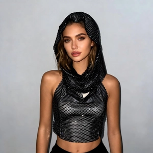 Sparkly black sequin hooded halter top for rave and music festival party wear