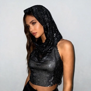 Sparkly black sequined hooded halter top for women in edgy festival rave party style