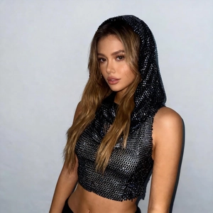 Sparkly black sequin hooded crop top for women featuring a sleeveless mesh rave style design