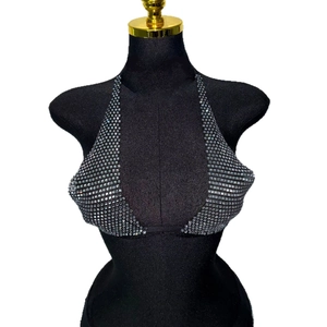 Sexy halter neck rhinestone mesh top for music festivals and parties in gunmetal grey