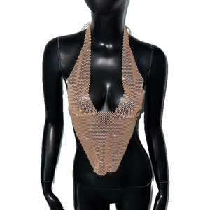 Sexy champagne gold rhinestone mesh halter top for parties and music festival outfits