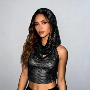 Sparkly black sequin chainmail crop top with hood and halter neck for music festivals