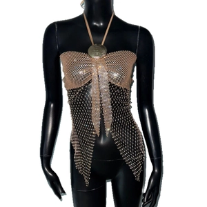 Haut licou en résille doré champagne avec strass scintillants pour fêtes et festivals