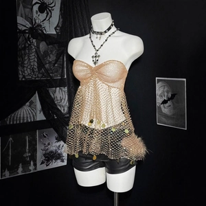 Sexy rose gold metal mesh halter top with sparkling sequins for clubwear and beach parties