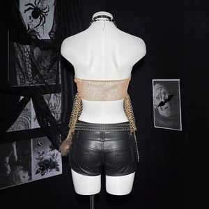Gothic gold mesh crop top and black leather shorts set for clubwear and festivals