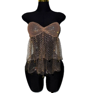 Sexy champagne gold mesh corset top with shimmering rhinestones and metal sequins