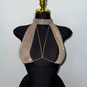 Detailaufnahme der funkelnden silbernen Strass-Körperkette mit Halterneck-Design