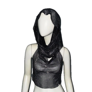 Black metallic mesh hooded tank top with shimmery sequins for music festival rave wear