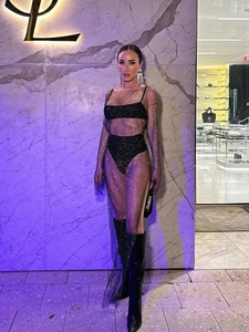 Robe Maxi Sexy en Maille Ajourée pour Femmes avec Strass Brillants Manches Longues Cristal Grille Transparente Party Club Jupe Serrée
