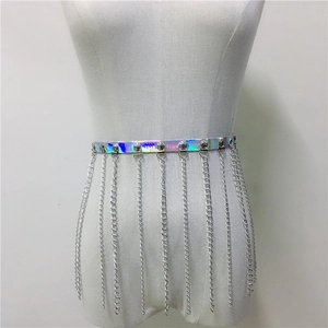 Close-up of holographic PU leather waist belt with hanging silver metal fringe chains