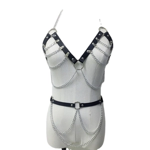 Gothic style black faux leather body harness and multi-layer silver metal chain set for women