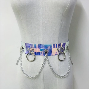 Ceinture holographique en cuir PU avec anneaux métalliques et chaînes décoratives femme