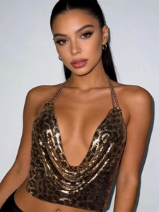 Haut de Femme Sexy Imprimé Léopard à Paillettes Col en V Profond Bretelles en Chaîne de Métal Dos Nu Clubwear Or