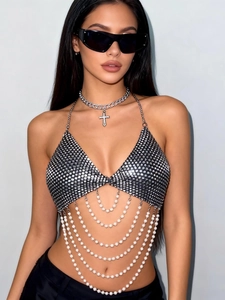 Haut Dos Nu Sexy à Paillettes pour Femmes Avec Chaîne de Corps en Künstliche Perles Multicouches Fête de Boîte de Nuit Débardeur en Maille Dos Nu Bijoux de Poitrine