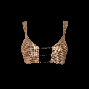 Sparkling gold rhinestone mesh crop top with metal chain straps for parties