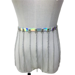 Holographic PU leather waist belt with hanging silver metal fringe chains for women