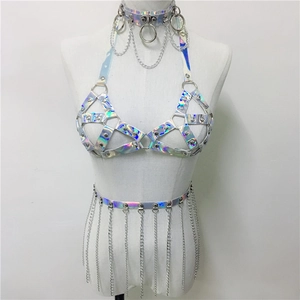 Detailed set of holographic PU leather choker and body harness with metal fringe chains