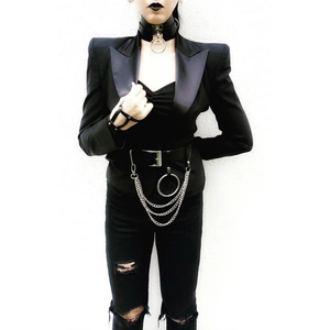 Punk style waist belt with metal chains and rings on a model in dark gothic outfit