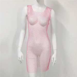 Close-up of pink rhinestone mesh dress featuring shimmering crystals and fine netting