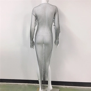 Detailed back view of black long sleeve fishnet dress with shiny rhinestone mesh fabric