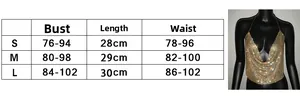 Size chart showing bust and length measurements for the metallic sequin halter top